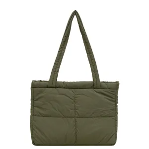 Army green quilted puffer shoulder bag, stylish autumn winter underarm tote for women.