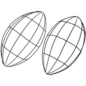 Detailed view of black metal wire football frames for DIY floral wreath and holiday decoration.