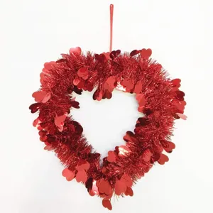 Red Heart Shape Tinsel Wreath For Valentine's Day Mother's Day Wedding Party Door Window Wall Hanging Decoration Plastic Wreath