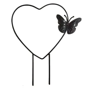 Schwarzes Metall Herz Pflanzengitter mit Schmetterling Detail, Rankhilfe für Kletterpflanzen.
