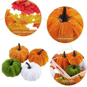 Künstliche Samt Kürbisse und Ahornblätter Set für Herbst Erntedankfest Heimdekoration.