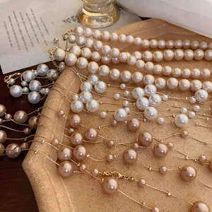 Elegant multilayer pearl necklace set for women, vintage frosted and glossy bead choker.