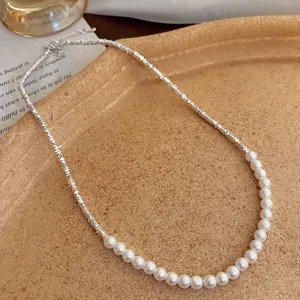 French vintage half pearl metal necklace elegant clavicle chain delicate jewelry accessory