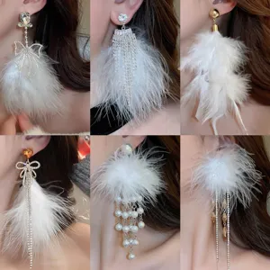 Mode Strass Nœud Plume Goutte Boucles d'Oreilles Femmes Luxe Longues Boucles d'Oreilles Pendants Élégant Fête Bijoux Cadeau