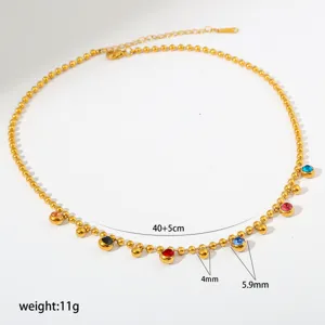 Gold stainless steel beaded necklace with colorful gemstone charms, adjustable length 40+5cm.