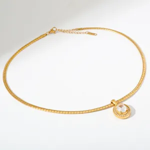 Roestvrij staal vergulde ovale kristal hanger ketting, vintage slangketting sieraden voor dames.