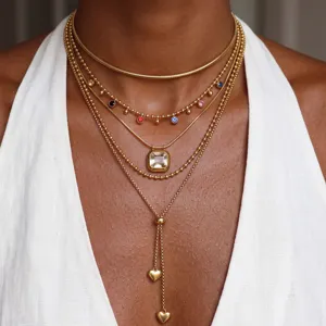 Layered Gold Tone Stainless Steel Necklace Set with Square Pendant and Heart Charms for Women