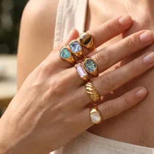 Anillos chapados en oro con piedras de colores, joyas de dedo apilables de moda para mujeres