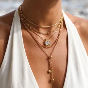 Stunning multi-layer gold layered necklace set featuring elegant geometric pendants and chains.