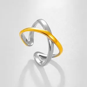 Anillo abierto bicolor de acero inoxidable, diseño cruzado elegante, joyería retro chic.