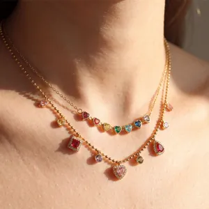 Verguld dubbellaagse ketting met kleurrijke kubieke zirkonia hangers voor vrouwen mode ketting