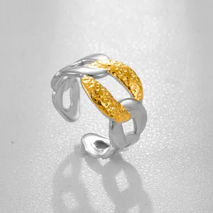 Anillo de cadena bicolor de acero inoxidable, anillo abierto ajustable, joyería retro para mujer.