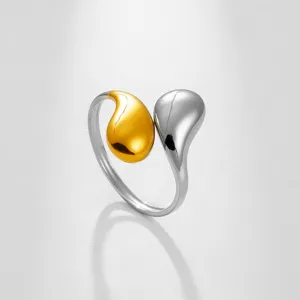 Anillo abierto de gota bicolor de acero inoxidable, joyería ajustable de moda elegante.