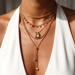 Gold layered necklace set featuring geometric pendants and delicate chains for women.