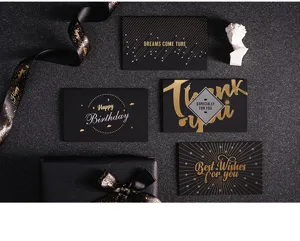 Set de tarjetas de felicitación con lámina de oro negro para cumpleaños y fiestas, diseño elegante.