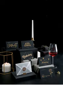 Schwarze Goldfolien-Geburtstagskarten-Set mit Umschlägen und Geschenkbox-Dekoration