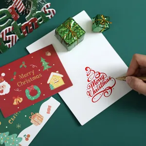Juego de tarjetas de felicitación navideñas con lindo diseño de muñeco de nieve y papá noel.
