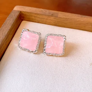 Chic pink square ear studs with textured silver border, elegant and sweet jewelry for women.