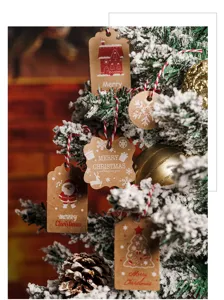 Kraft paper Christmas gift tags with red and white string, rustic holiday tree hanging decor.