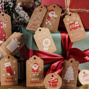 Kraft paper Christmas tags with string, vintage holiday gift wrapping labels for Xmas tree decor.