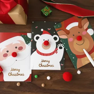 Weihnachtsgrußkarten Set mit 3D Pom-Pom Nase Weihnachtsmann Eisbär Rentier Grußkarten