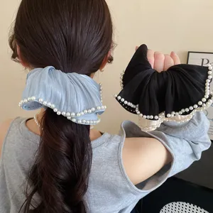 Vintage stof parel scrunchies, elegante geplooide haarbanden, Franse haaraccessoires.
