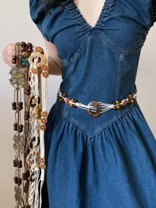 Bohemian woven beaded waist chain detail, ethnic retro style belt with wooden elements for women.