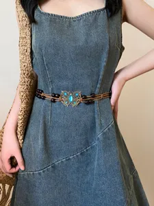 Bohemian woven butterfly waist chain retro ethnic belt with wooden beads and blue gemstone detail.