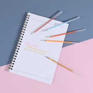 Detailed view of colorful gel pen refills set with transparent barrel for journal and notebook writing.