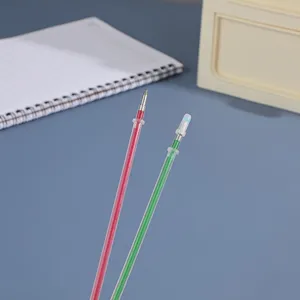 Close-up view of colorful gel pen refills, transparent plastic tubes with red and green ink.