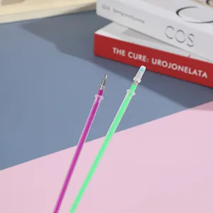 Colorful gel pen refills detail shot, showing vibrant ink colors and fine metal tips.