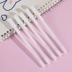 Set of 5 white minimalist gel pens, smooth writing markers for school and office use.