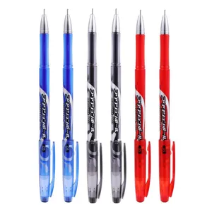 Details of 0.5mm erasable gel pens in blue, black, and red, showing fine tip and neat alignment.