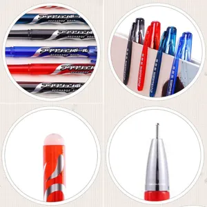 Detailed view of 0.5mm erasable gel pens, showing smooth writing tips, barrel text, and friction erasers.