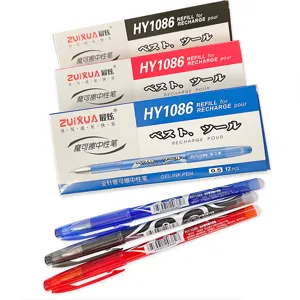 Detailed view of 0.5mm erasable gel pens in black, blue, and red with packaging boxes.