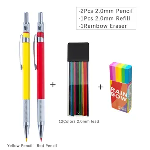 2.0mm Mechanischer Bleistift Set mit 12 Farbigen Minen und Regenbogen Radiergummi Kunst