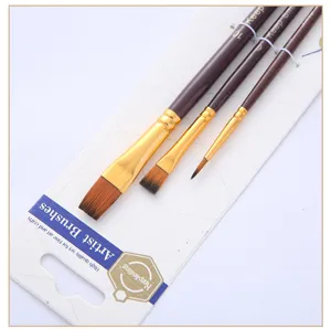 Artist paint brush set detail view showing three different sizes on backing card.