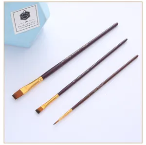 Set of 3 brown handle artist paintbrushes for watercolor acrylic painting and DIY art crafts.