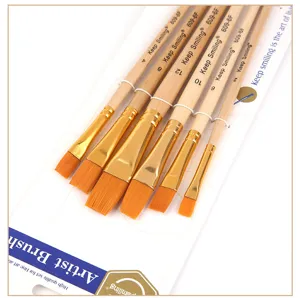 Set di 6 pennelli piatti professionali per artisti con manici in legno per pittura d'arte.