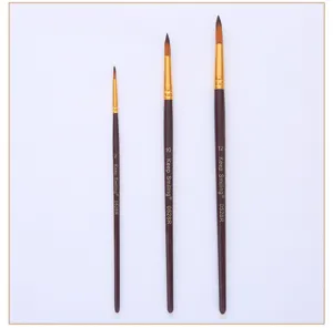 Set of 3 fine detail paintbrushes with brown handles for watercolor acrylic painting.