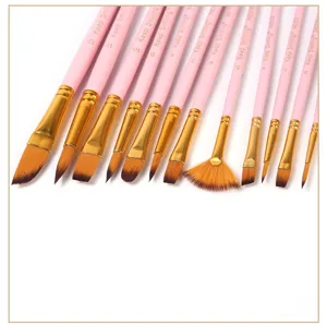 Detail view of the 12-piece pink handle paintbrush set with diverse bristle shapes for art.