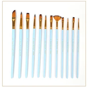 12-piece artist paintbrush set featuring nylon hair, gold ferrules, and light blue handles.