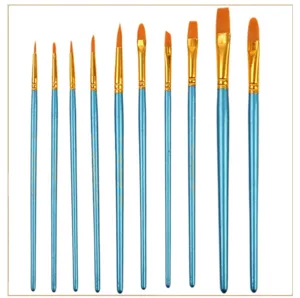 Detailed view of pearl blue nylon paint brushes with golden ferrules and soft bristles.