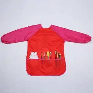 Kids waterproof painting apron with long sleeves and pockets for art crafts, red.
