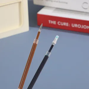 Closeup of 0.5mm bullet tip colored gel pen refills with smooth brown and dark ink flow.