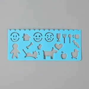 Blue plastic drawing template detail showing various hollow geometric and animal shapes for kids.