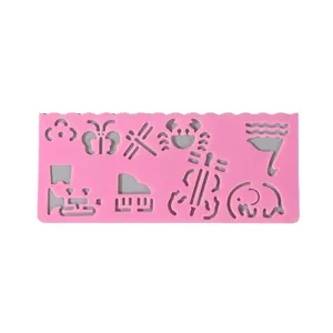 Pink plastic drawing stencil template with cute animal and music hollow shapes for kids art.