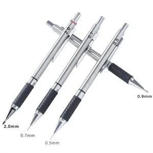 Metal mechanical pencils with anti-slip rubber grips in various lead sizes for drawing.