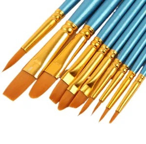 Pearl blue paint brush set with nylon hair and gold ferrules for artists and painting.