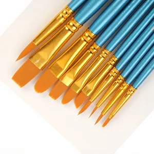 Professional 10-piece paint brush set with blue handles and nylon hair for art drawing.